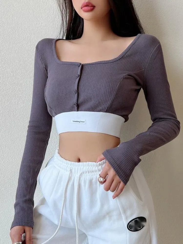 

Женская однобортная футболка с V-образным вырезом и длинным рукавом