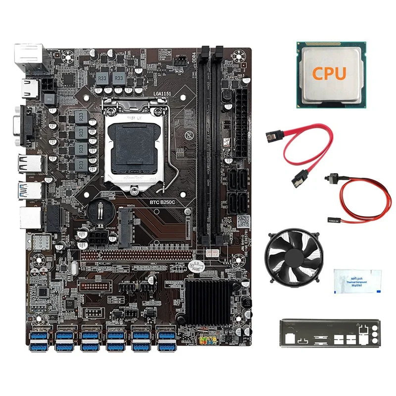

12 Card B250C BTC Mining Motherboard+CPU+Fan+Thermal Grease+Switch Line+SATA Cable+Bezel 12USB3.0 GPU LGA1151 DDR4 MSATA