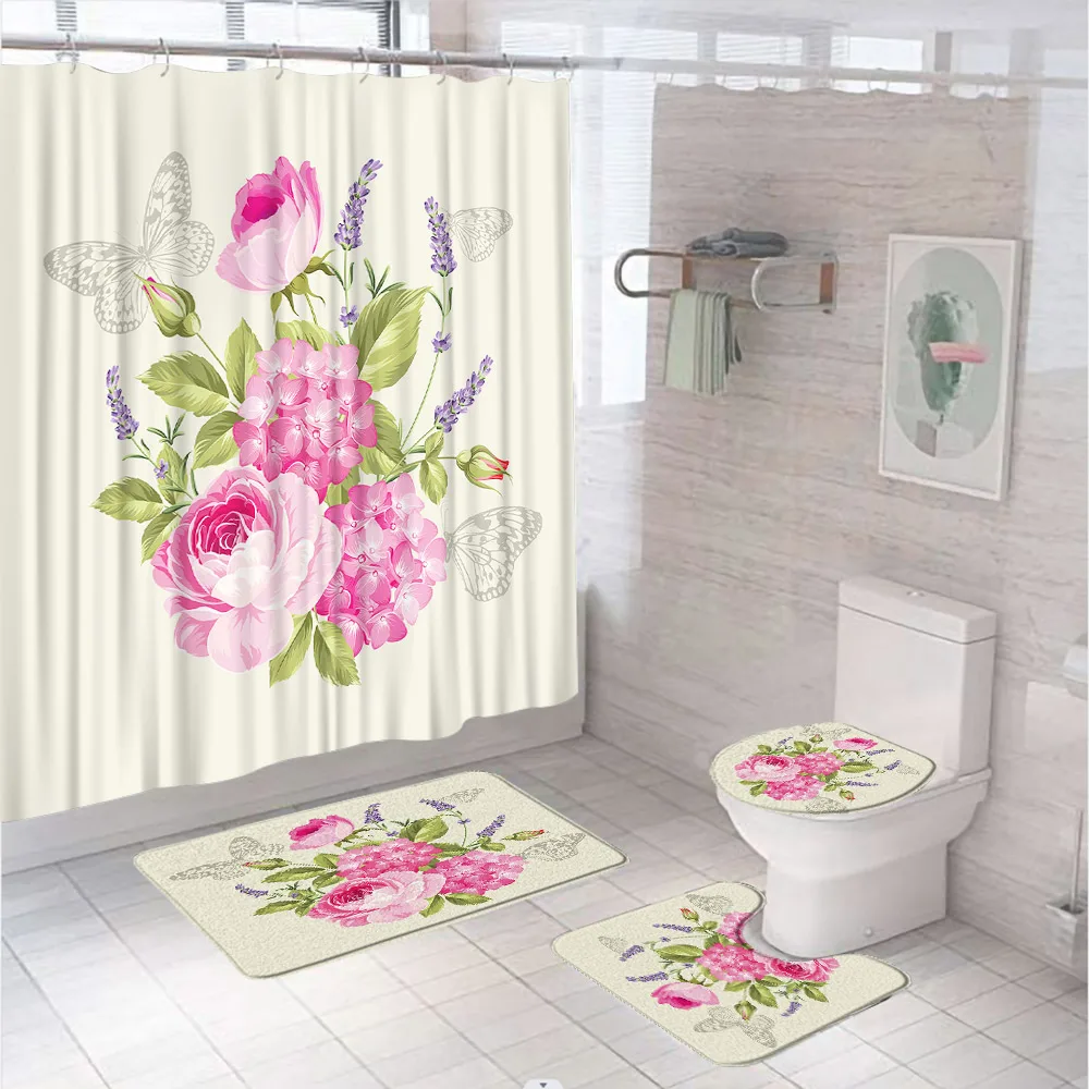 

Розовые розы цветы Бабочка душевая занавеска набор для ванной Декор растения зеленые листья Лаванда цветочный коврик для ванной искусственный чехол