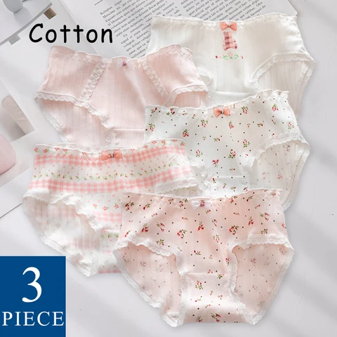 WONTIVE 1pc 3pcs set Cute Panties with Bow Line For Women Underwear Lingerie Bfriefs Girls Pink Japaness Style Floral Sexy Panty