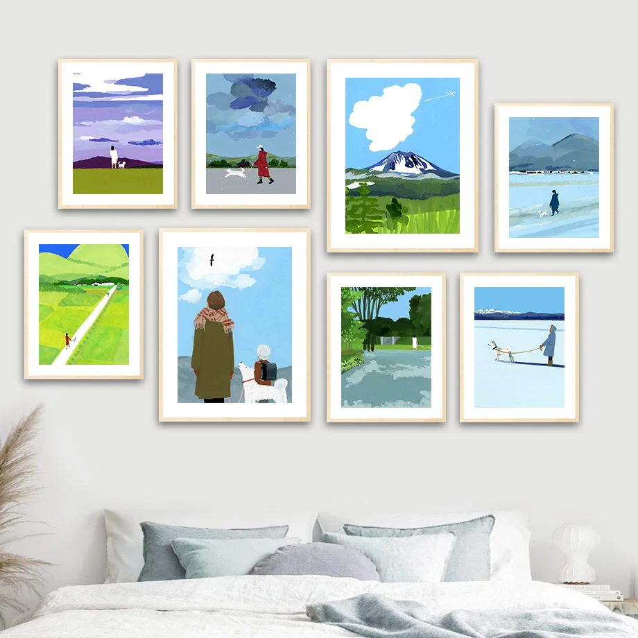 Настенная картина с изображением девушки собаки снега горы ледника облака птицы