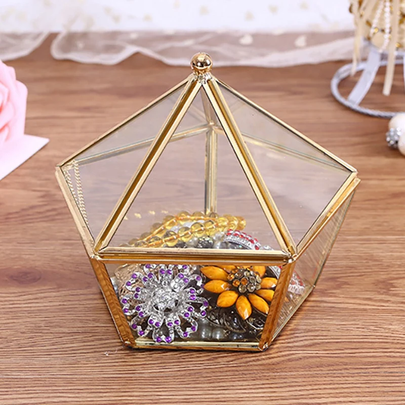 Copper Frame Geometric Shape Handicraft Glass Flower Room Small Pentagonal Open Lid Jewelry Box