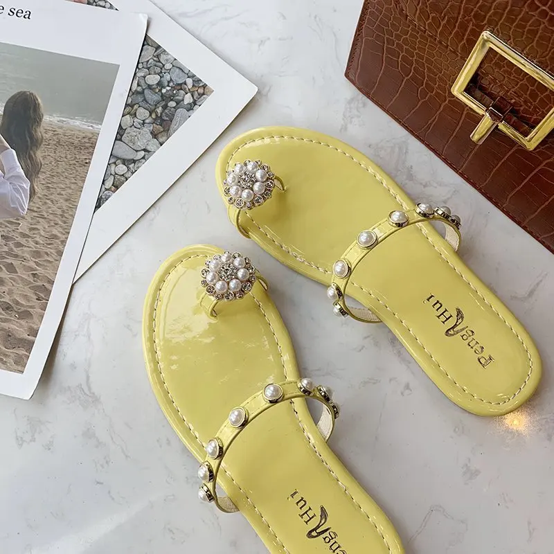 

Summer Pearl Slippers Women's Open-toed Outer Wear Beach Vacation Fairy Flat Flip Flops Rhinestone Sandals Women Shoes