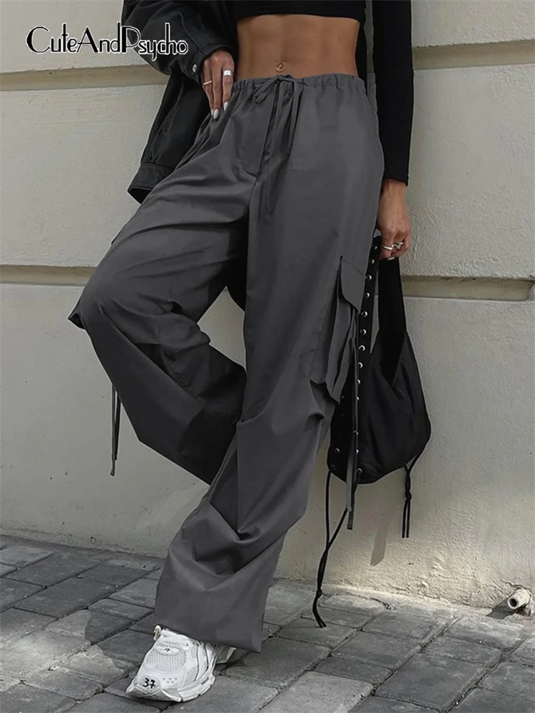 

Cuteandpsycho Harajuku Chic Baggy Parachute Cargos Casual Y2K Vintage Loose Sweatpants Fashion Cute Grey 90s Women's Trousers