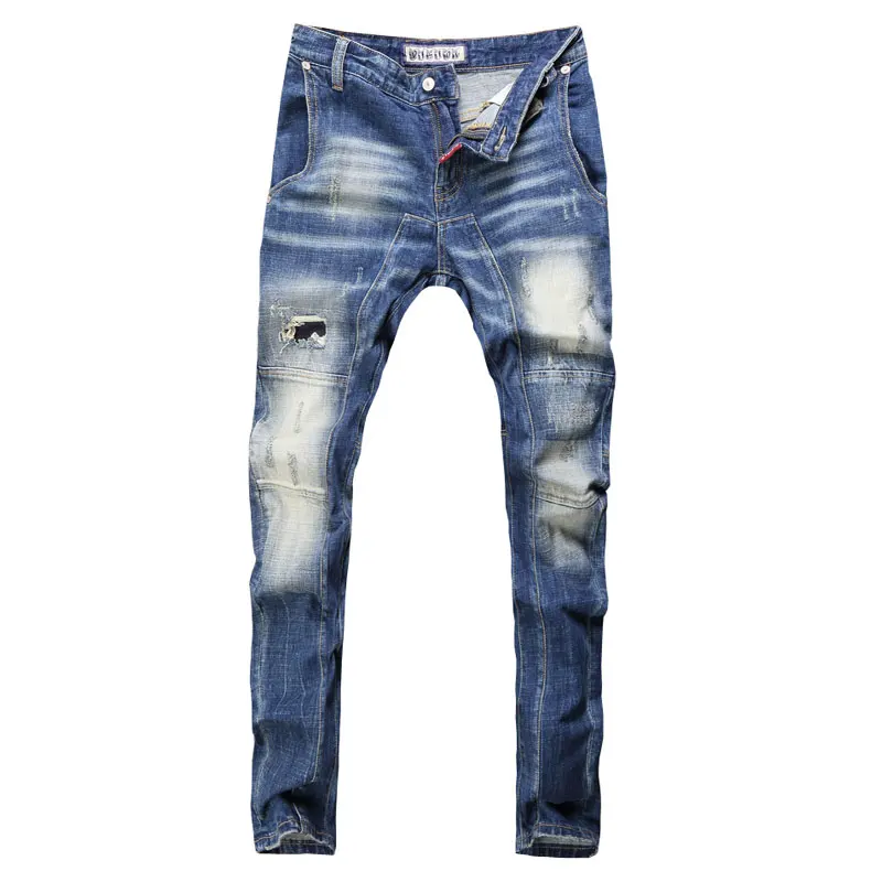 Fashion Spliced Designer Men Jeans Retro Blue Stretch Slim Fit Ripped Biker Jeans Homme Street Hip Hop Pants Men Hole Trousers