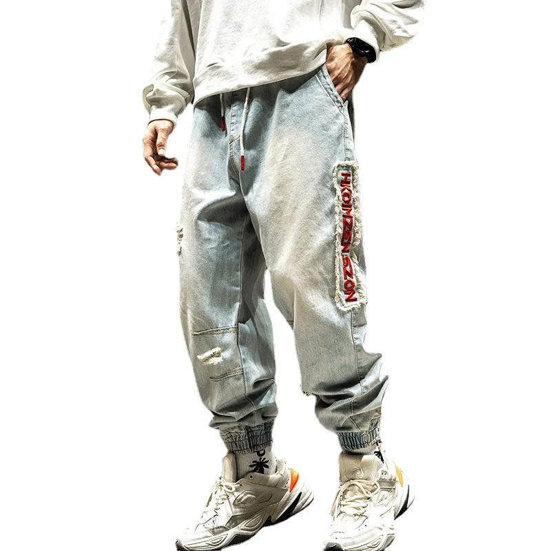 

Hot 2022 Light-color Overalls Men's Fashion Brand Loose Harem Letter Embroidery Drawstring Street HipHop Cargo Distressed Jeans