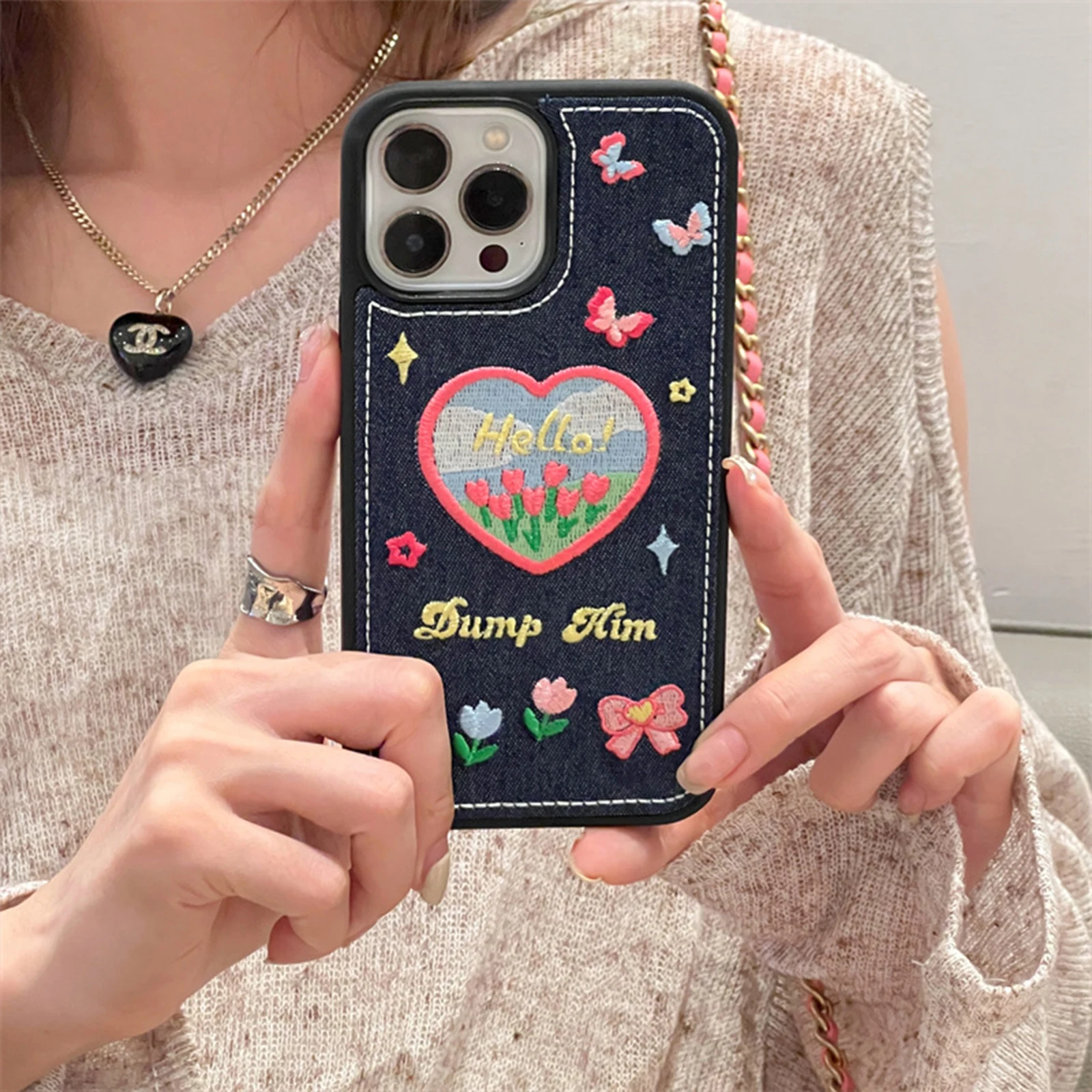 

Cute Case for iPhone 14 Pro Max Soft Mobile Phone Case Love Heart Retro Cover Embroidery Denim Shockproof for iPhone 14 Plus