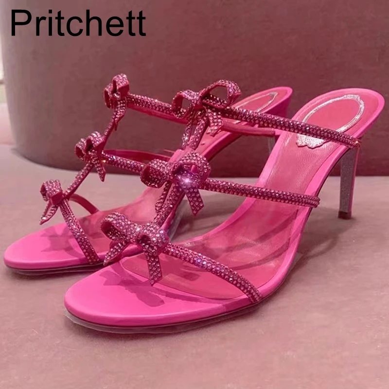 

Pink Rhinestone Bowknot High Heels One Word Strap Stiletto Sandals Pointed Toe Open Toe Sequined Sequin Banquet Women's Shoes