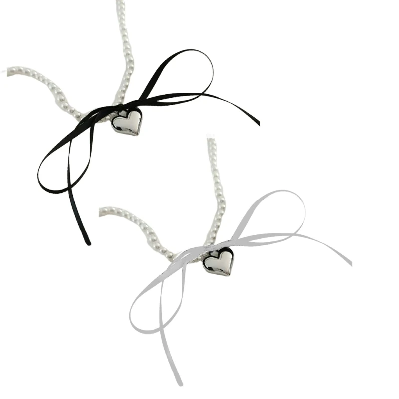 

E0BF Stylish Necklace Sweet Love Necklace Perfect Accessory Imitation Pearls Necklace Bowknot Pendant Necklace for Girl Woman