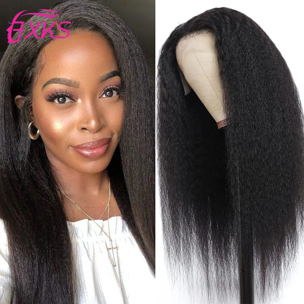 Natural Black Long Synthetic Lace Front Wigs Yaki Straight Curly Hair Lace Wigs Middle Part 13x1 Long Hair Lace Wigs 24Inch FXKS