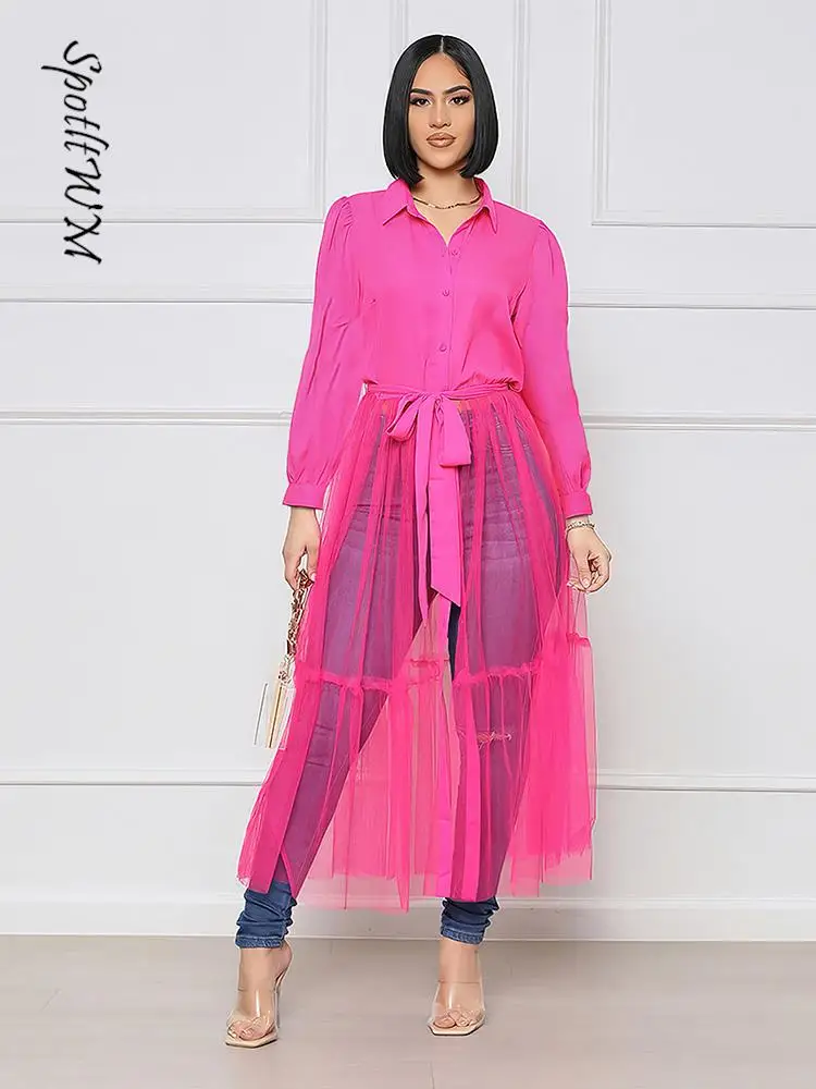 

Women Fashion Gauze Mesh Patchwork Blouse Dresses 2023 New Design Lapel Lace Up A Line Dresses High Street Chic Lady Dress