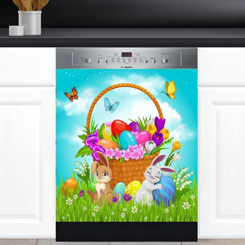 

Dishwasher Cover Choose Magnet Or Vinyl Decal Sticker, Eggs, Two Bunnies Easter Design D0033- choose your type from the menu.