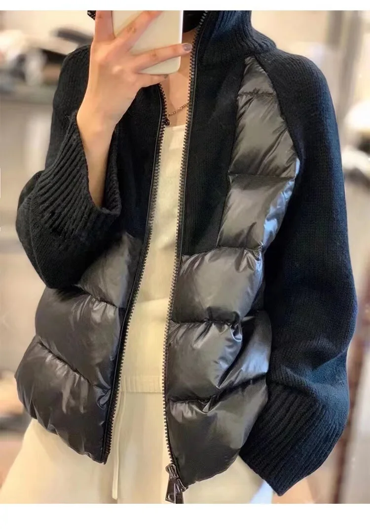 Winter new Korean version stitching cashmere sweater short down cotton jacket jacket women
