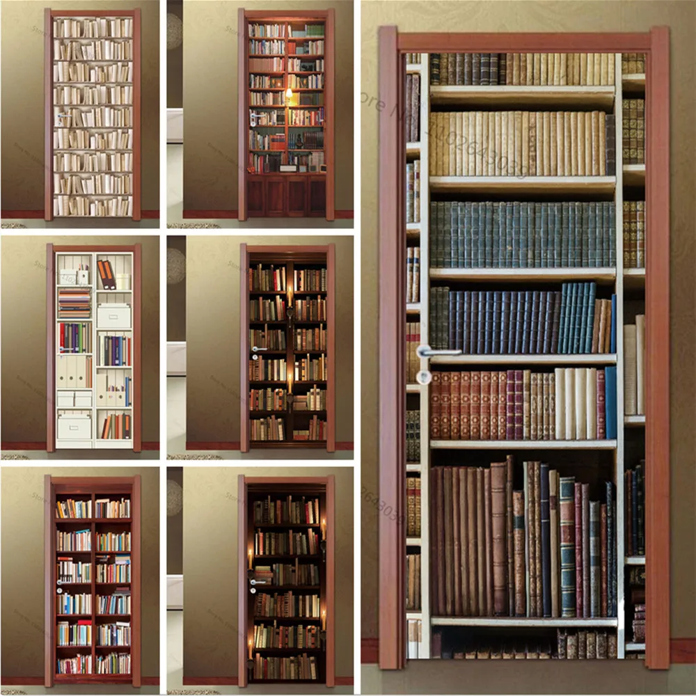 3D Vinyl Bookcase Door Sticker Wallpaper For Bedroom Study D