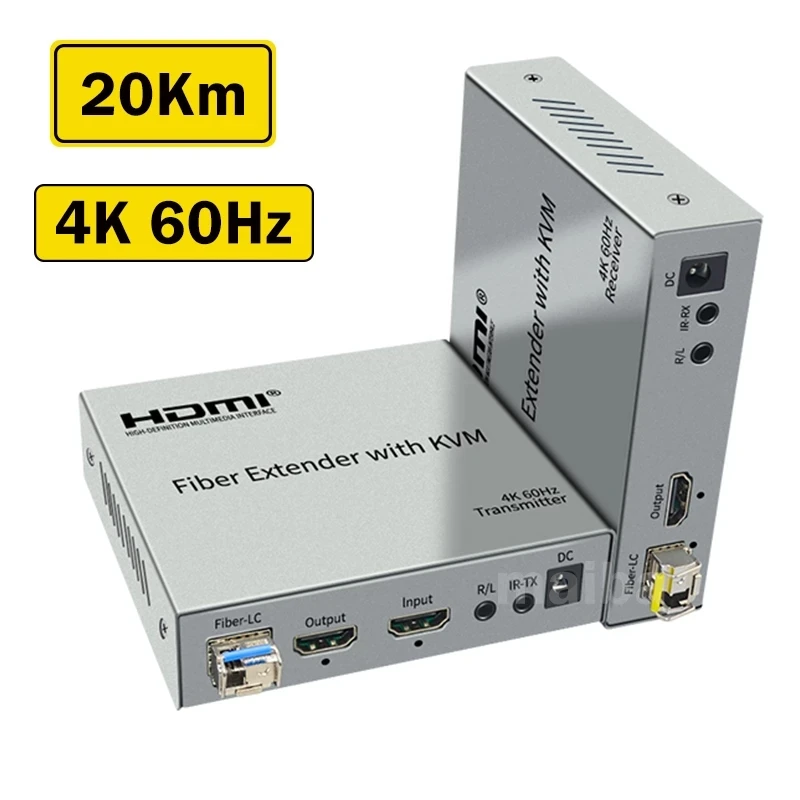 Оптоволоконный удлинитель HDMI KVM, 20 км, 4K, 60 Гц, оптоволоконный кабель HDMI в волоконный оптический трансивер, видеоудлинитель с поддержкой клавиатуры и мыши