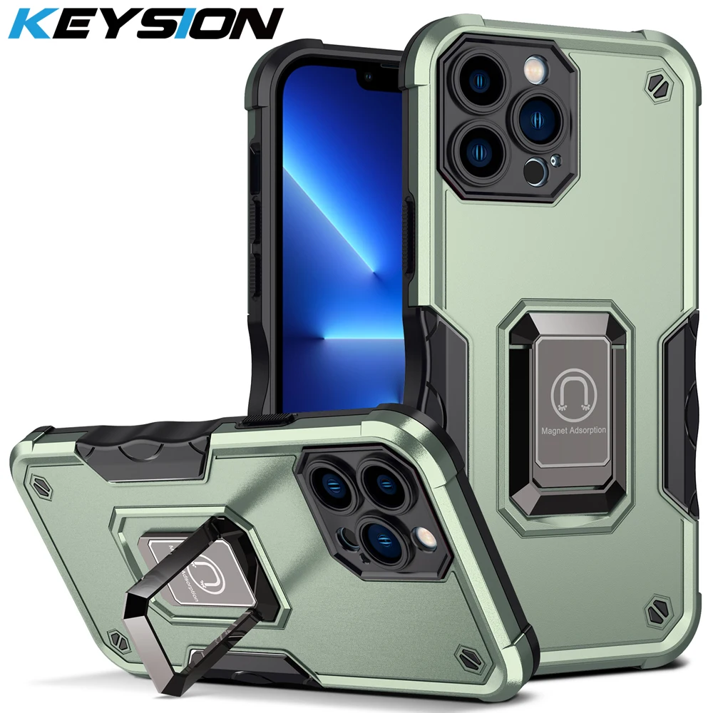 

KEYSION Shockproof Armor Case for iPhone 13 Pro Max 13 mini Ring Stand Phone Back Cover for Apple iPhone 12 11 Pro Max XS Max XR