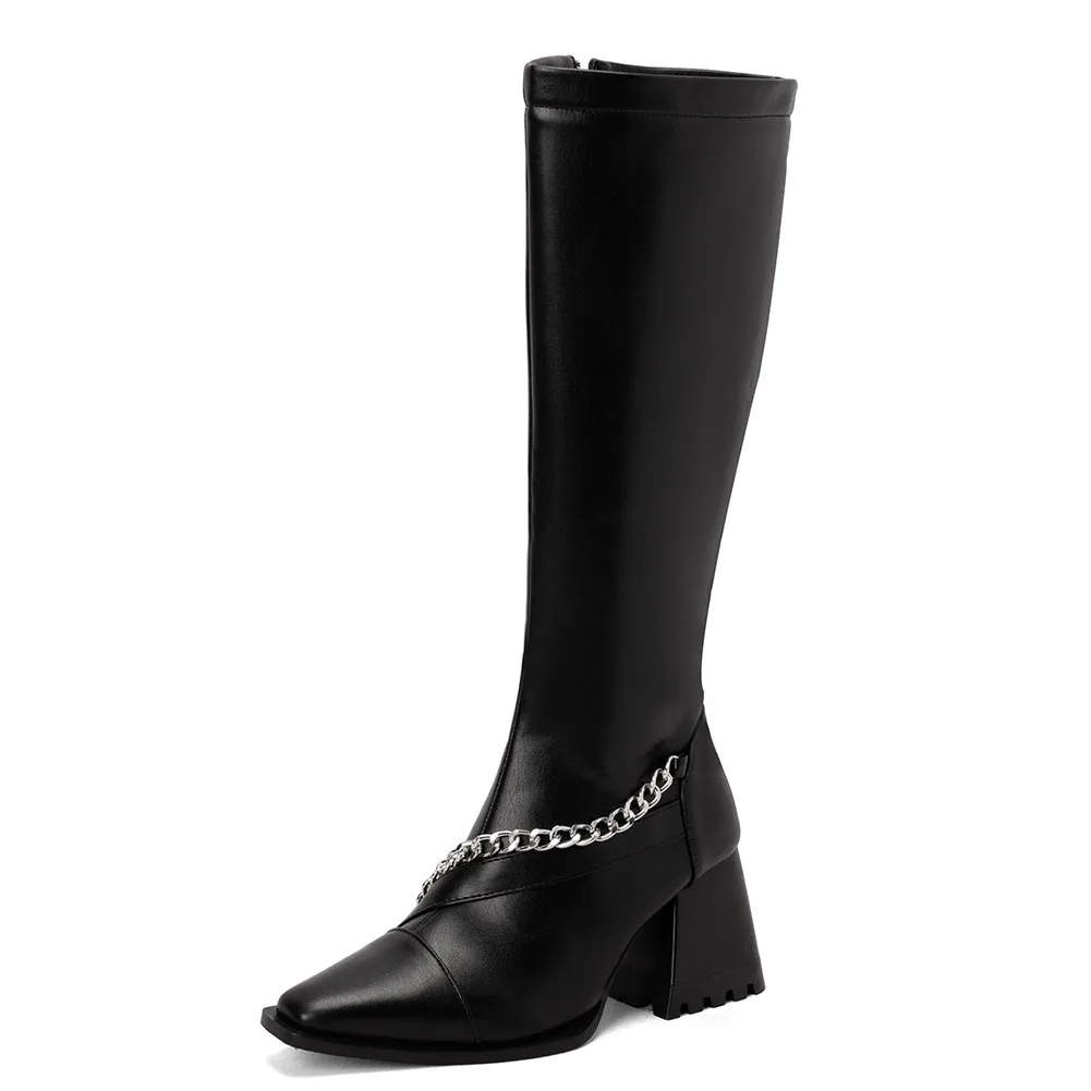 

2023 Top Quality Winter Black White Pink Rhinestones Women's Riding Boots Shoes Plus Size 48 Chunky High Heels Knee High Boot