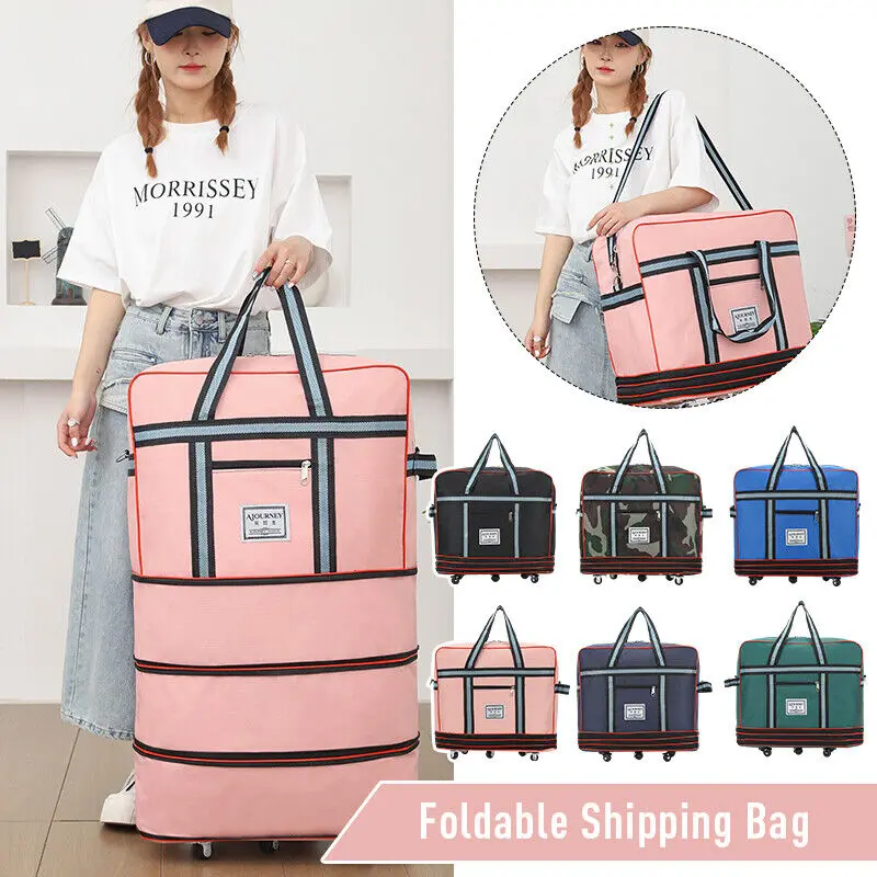 

Unisex Women Men Oxford Luggage Box w/Wheels Large Capacity Travel Shoulder Bag Foldable Moving Storage Expandable Handbag