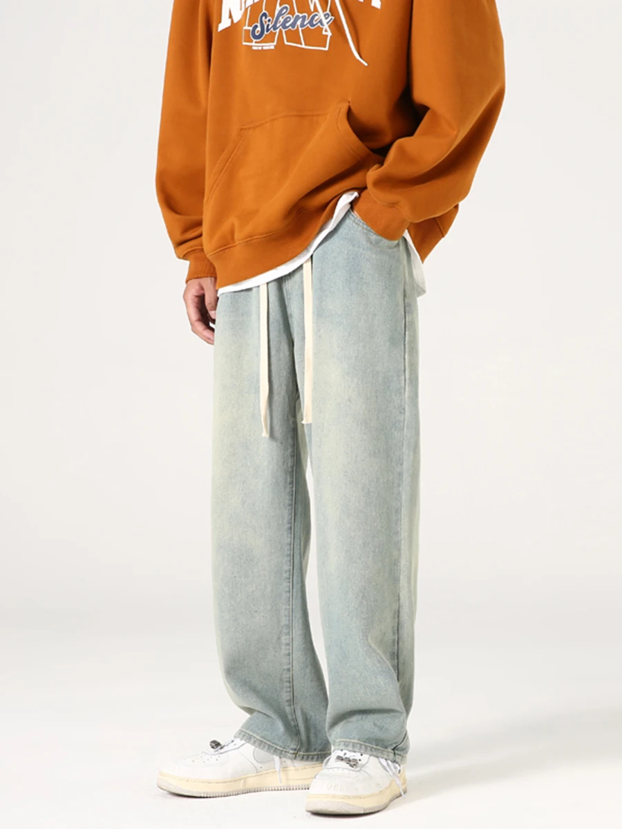 Four Seasons New Street Casual Loose Jeans Men's Fashion Loose Straight Wide Leg Pants Brand Clothing Streetwear Ins Hot Sale