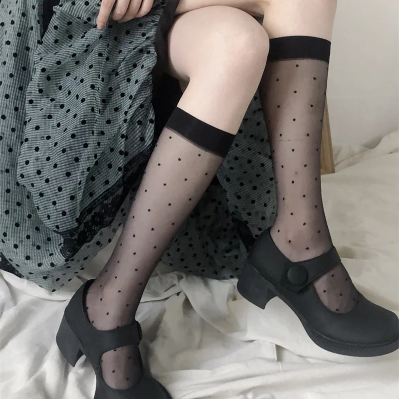 

Polka Dot Print Stockings Lingerie Sexy Mesh Fishnet High Knee Sock Women Summer Nylon Thin Transparent Lolita Kawaii Long Socks