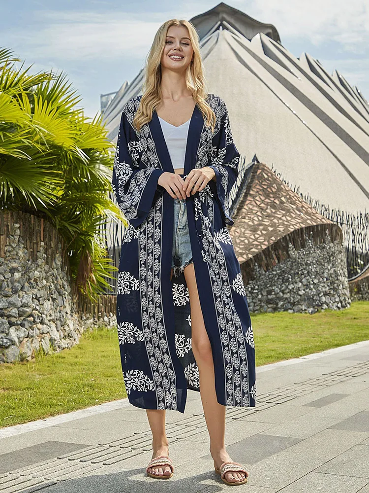 

Vintage Print Bikini Cover Up Cardigan Kimono Femme with Belt Pareo Beach Clothes 2023 Summer Outing Woman Swimsuits Cover-ups