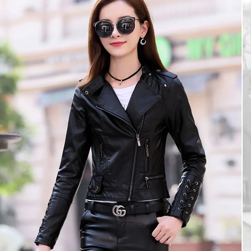 1pcs Women Short PU Leather Jackets Coat 2023 Spring Faux Fur Zipper Splicing Bandage Black Ladies Skinny Locomotive Small Coats