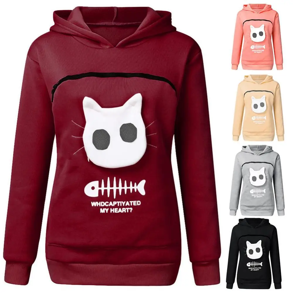 

Women Long Sleeve Kangaroo Pouch Cats Fish Print Hoodie Pets Holder Sweatshirt