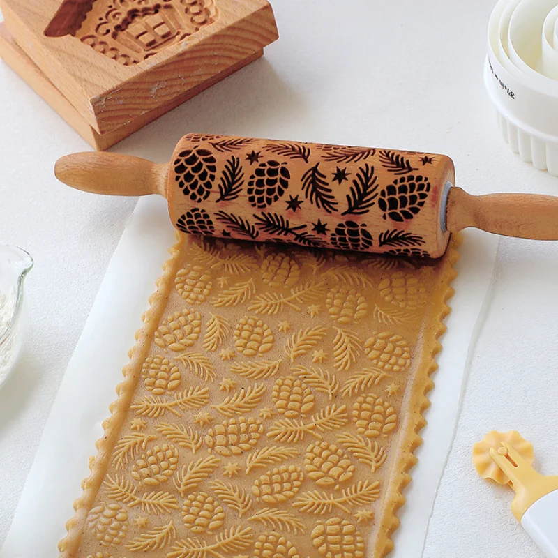 Christmas wooden pine cone and needle leaf printing carving rolling pin embossed cookie stick
