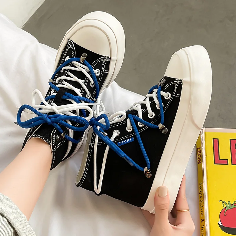 

Women High Top Canvas Shoes Casual Female Lace Up Sports Shoes Ladies Platform Sneakers Fashion Vulcanized Flats