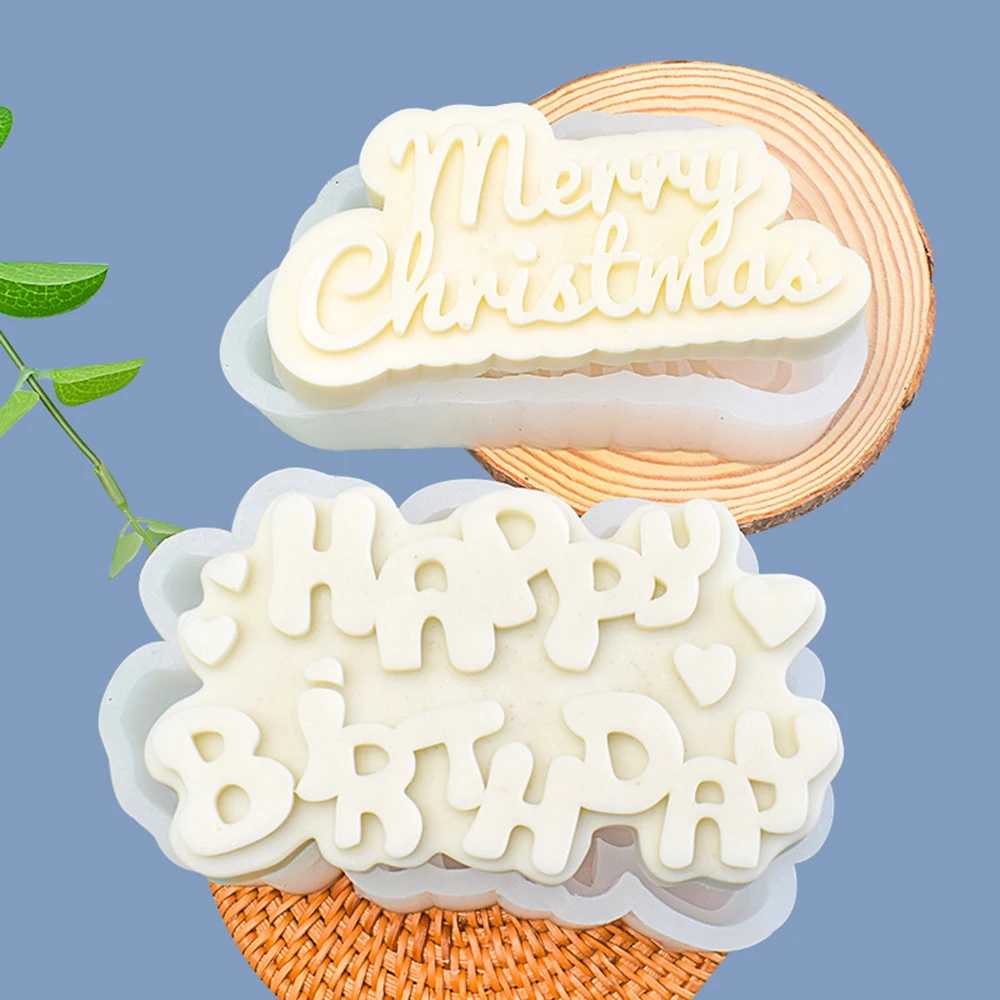 

English Letters Christmas Candle Mold DIY Handmade Art Candle Gypsum Soap Birthday Cake Decoration Baking Supplies Silicone Mold