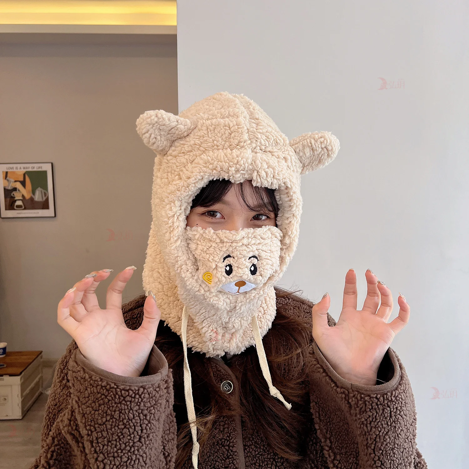 

Women Little Bear Hat Scarf Winter Cycling Windproof Warm Lovely Bib Head Set Plush Caps Men