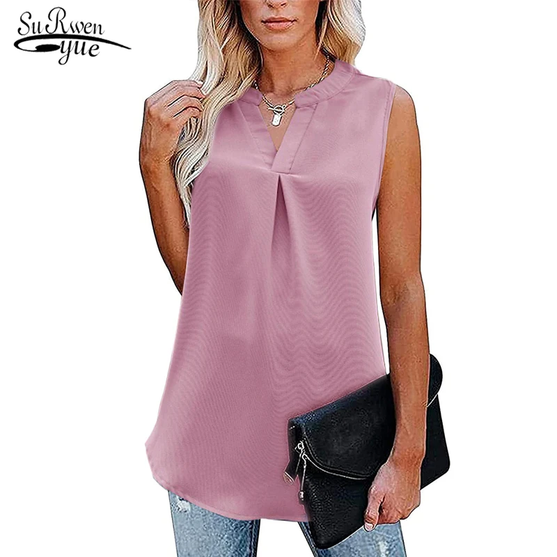 

Новая модная простая однотонная шифоновая блузка для женщин 2023 повседневная женская рубашка без рукавов с V-образным вырезом топы оверсайз женская одежда 21079