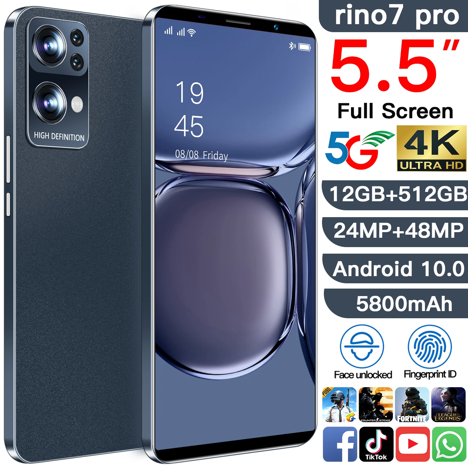 

Rino7 Pro 5.5 Inch 12+512GB 5800mAh 24+48MP Android 10.0 Smart Phone MTK6595 Dual SIM+Micro SD 10 Core Face Unlock Mobilephone