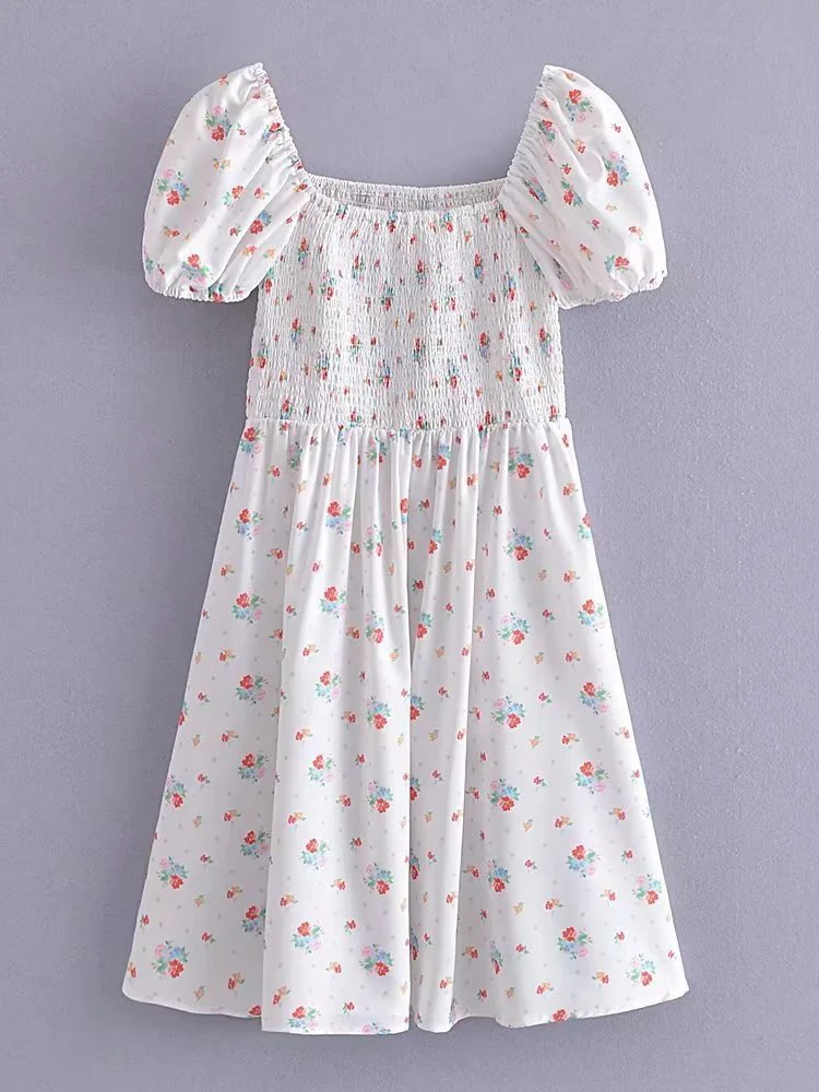 

Summer White Floral Print Dress Women Puff Sleeve Elastic Slim A-line Dresses vestidos