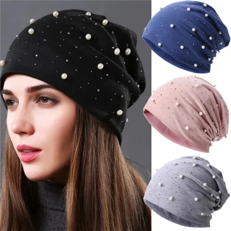 

Women Hat Pearl Beanies Baggy Skullies Hats Winter Warm Striped Cap Unisex Keep Elastic Hedging Caps Soft Elasticity Pure Colour
