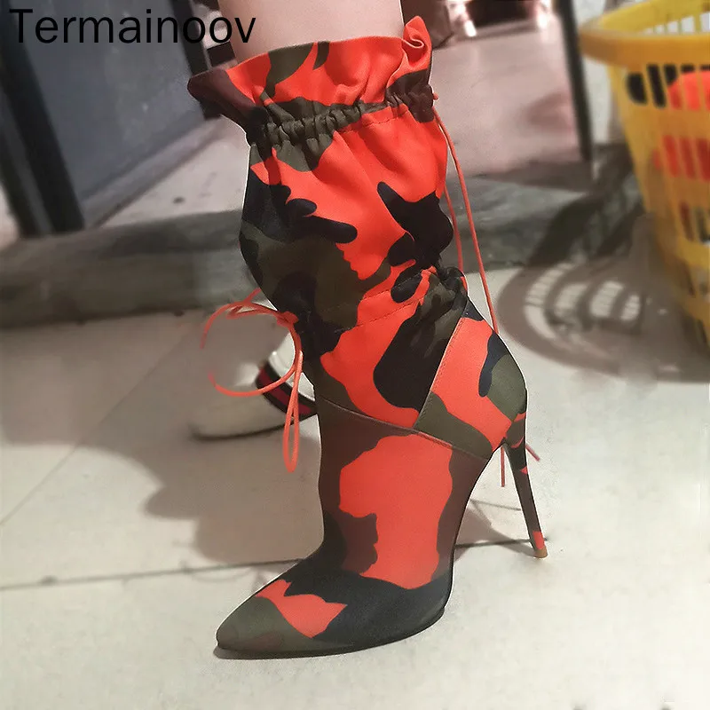 

Женские ботинки на высоком каблуке Termainoov, Разноцветные классические ботинки на шнуровке с острым носком, короткие ботинки средней длины, бо...
