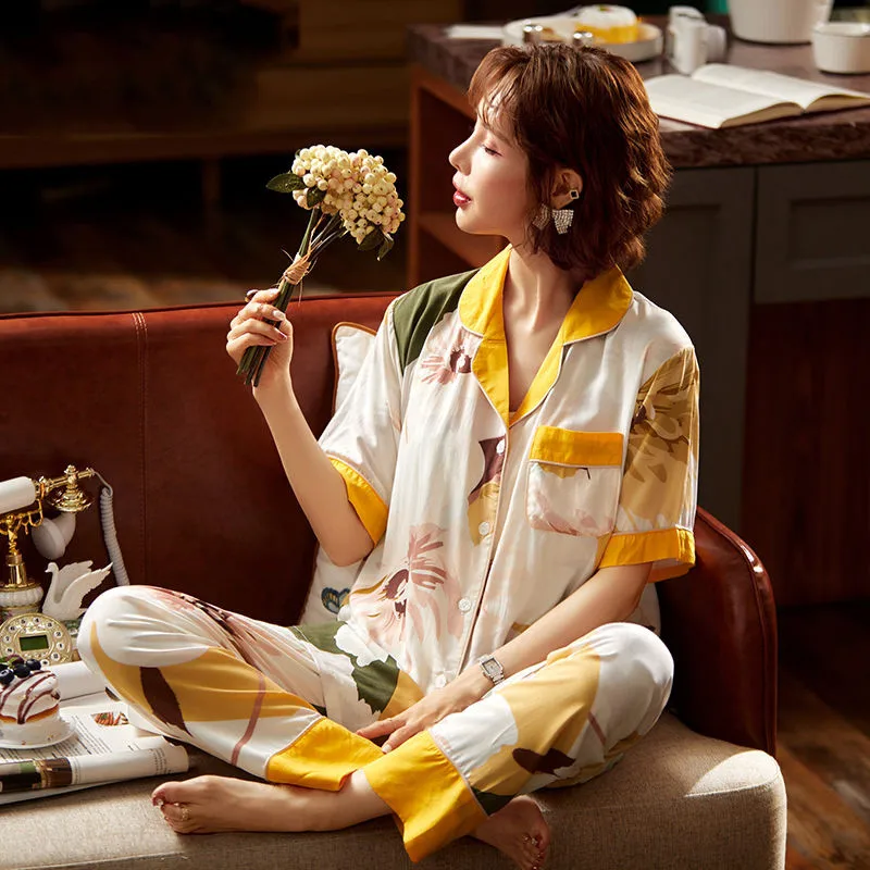 Autumn Pajamas Set Sexy Shirt Sleepwear For Women Flower Long/ Short Sleeve Pyjama Women's Artificial Polyester Comfortable Pjs