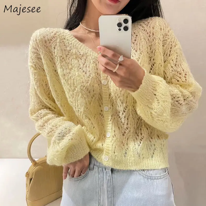 

Cardigan Women Hollow Out Sun Protection Pure All-match Elegant Teens Кардиган Женский Loose Street Wear Ulzzang Hot Sale V-neck