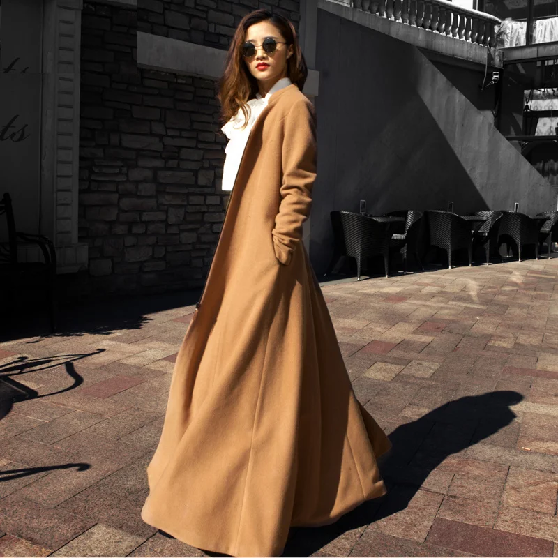 New Winter 2023 Women's Autumn Slim Trench Woolen Coat OL Style X-Long V Neck Solid Color Zipper Woolen Outerwear Female Y3217