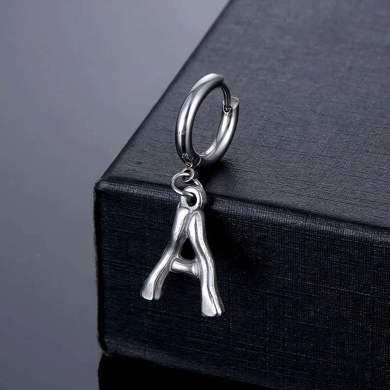 Unisex Silver Color Hoop Earrings Stainless Steel Piercing Accessory Trendy Letter Name Female Ear Jewelry For Women Men