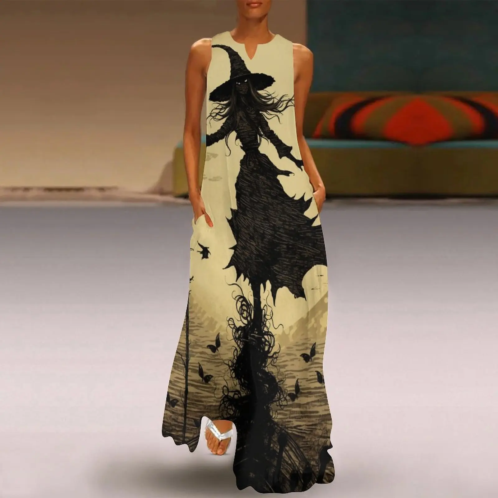 

Fashion Women's Long Dress Summer Halloween PumpkinPrint Prom DressVintageSundress