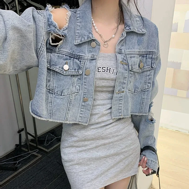 

Casual Cropped Blue Jean Jacket Women Spring Autumn Coat 2022 Harajuku Big Hole Denim Jackets Streetwear Femme Roupas Femininas