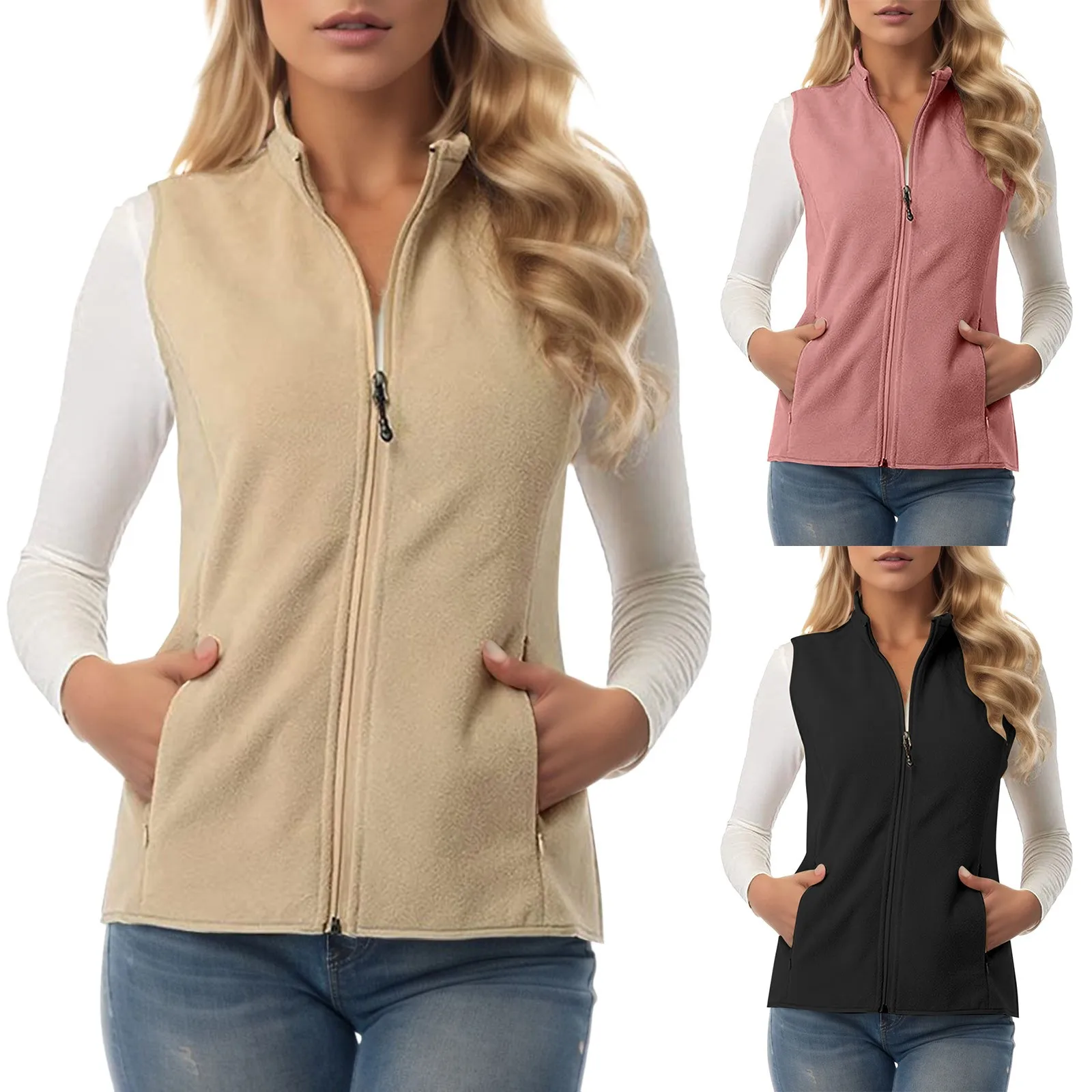 

Fashion Winter Plush Sleeveless Vest With Pockets Women Zipper Stand Collar Velvet Vests Female Outerwear Waistcoat Tops
