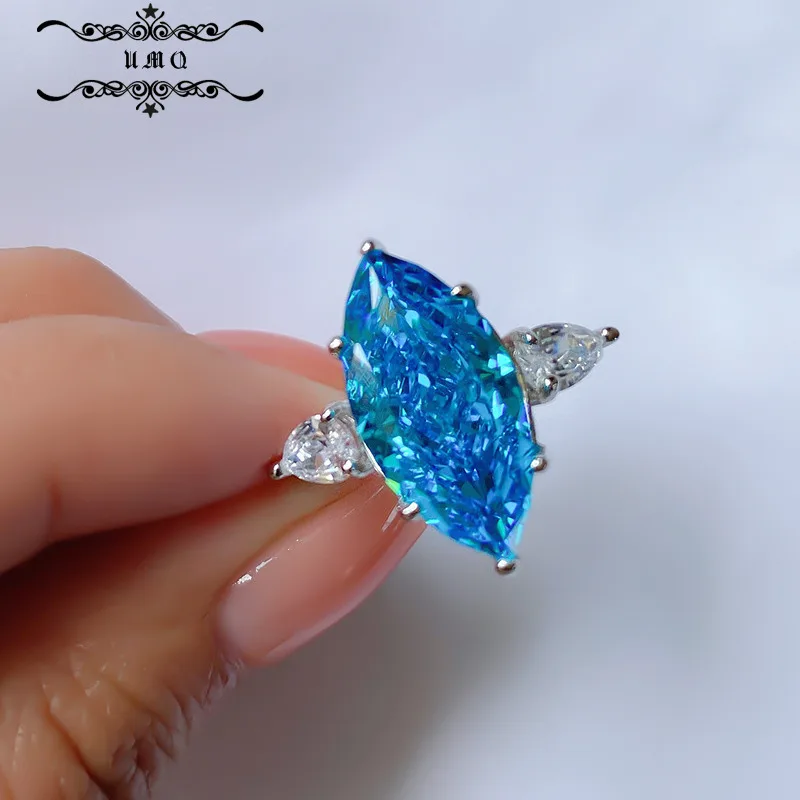 

S925 Sterling Silver High Carbon Diamond Radiant Cut Aquamarine Head Ring Main Stone 9*18 Engagement Ring