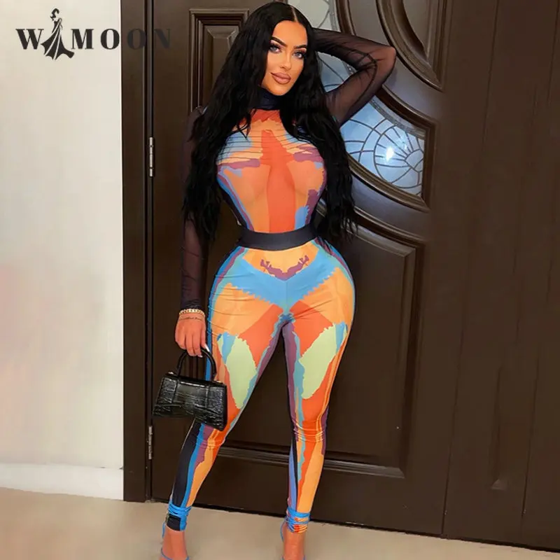 

2023 Spring Printed Patchwork Panelled Two Piece Set Women Hipster See Through Turtleneck Bodysuits+High Waist Skinny Pants Suit