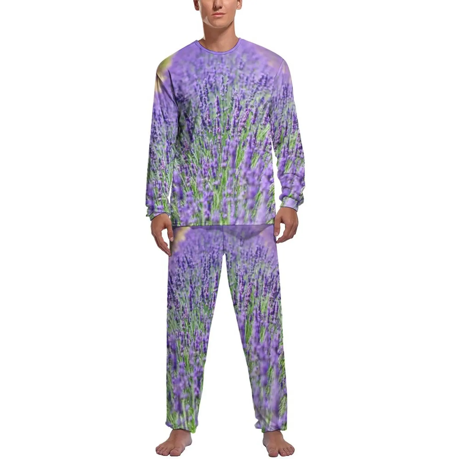 Fields of Lavender Pajamas Winter Purple Flowers Print Sleep Sleepwear Men Two Piece Graphic Long Sleeve Retro Pajama Sets