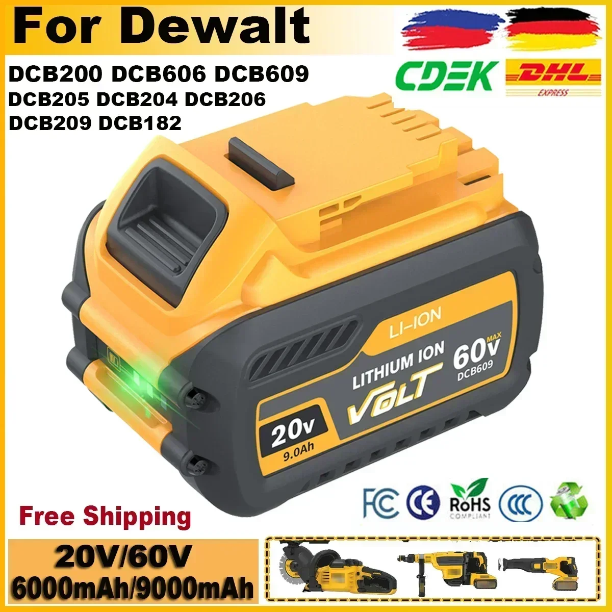 DCB200 для аккумулятора Dewalt 60 В 9000 мАч MAX DCB606 DCB609 DCB205 DCB206 DCB209 DCB182 9 0 Ач/6 Ач аккумулятор