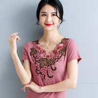 summer womens 2022 new middle aged and elderly womens foreign style top cotton t shirt flower diamond inlaid clothes