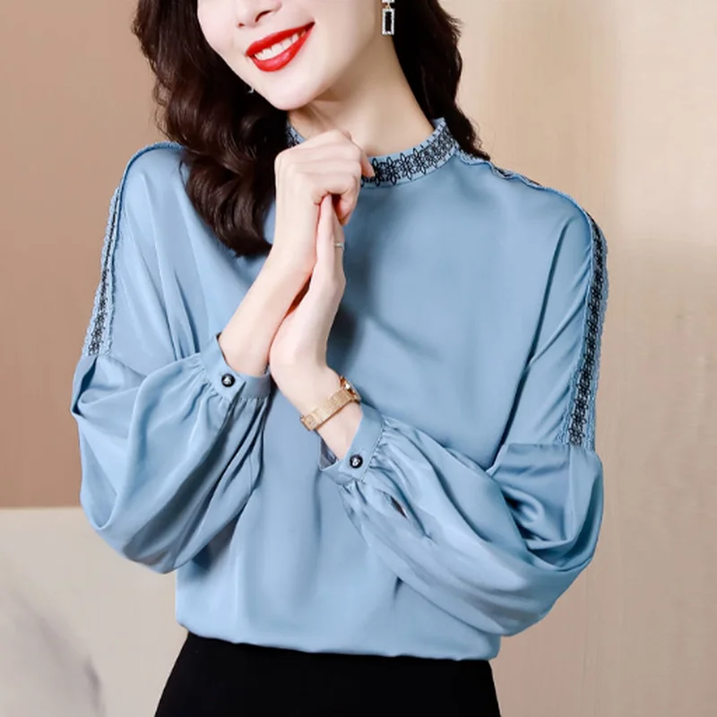 

Blue heavy silk blouse shirt ladies 2022 spring new stand -up collar high -end high -end long -sleeved mulberry solid silk top