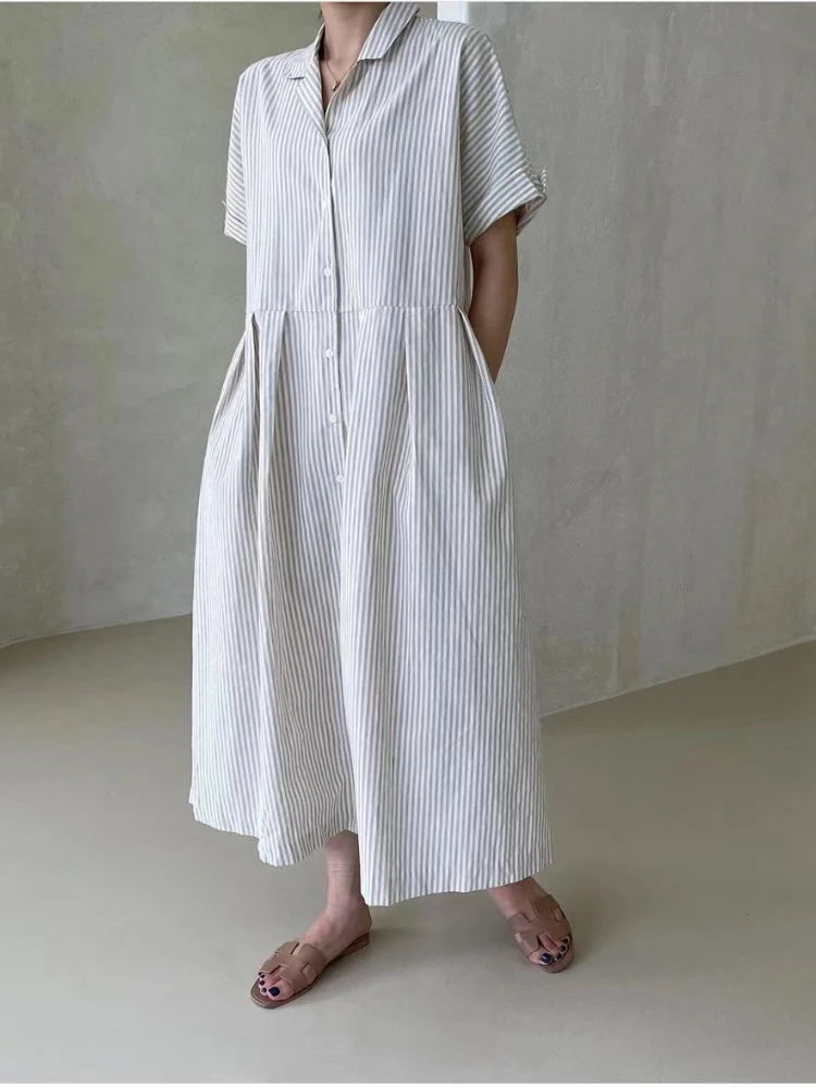 

Dresses for Women 2023 New Summer Striped Turn-down Collar Long Dress Streetwear Vintage Dress Korean Style Loose White Dress
